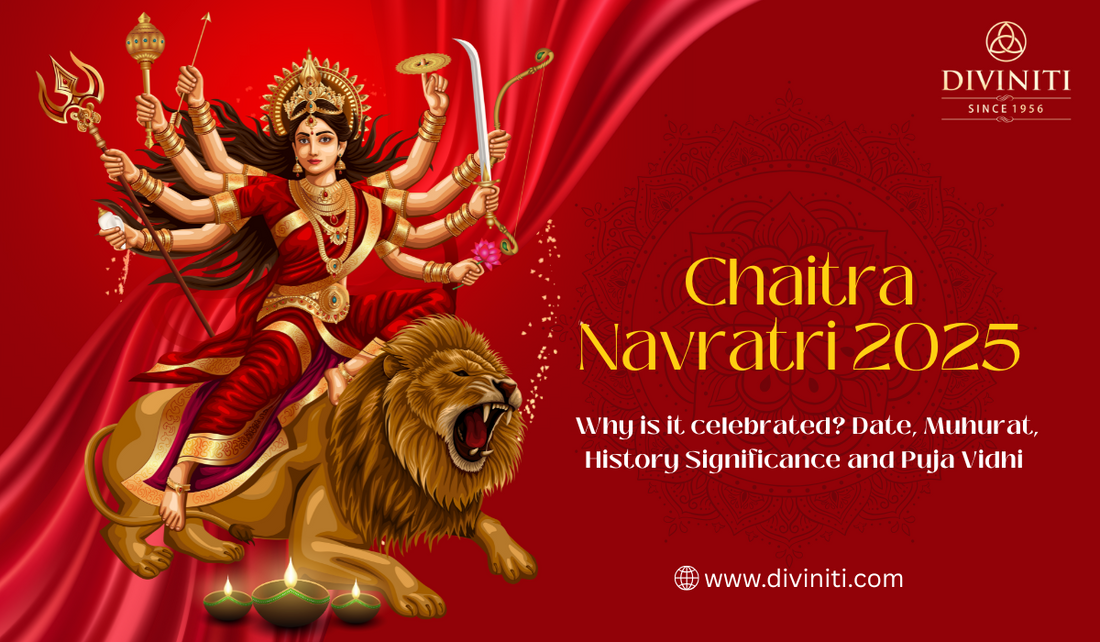 This image shows goddess durga and a text mentioned of chaitra navratri 2025 also a logo of diviniti 