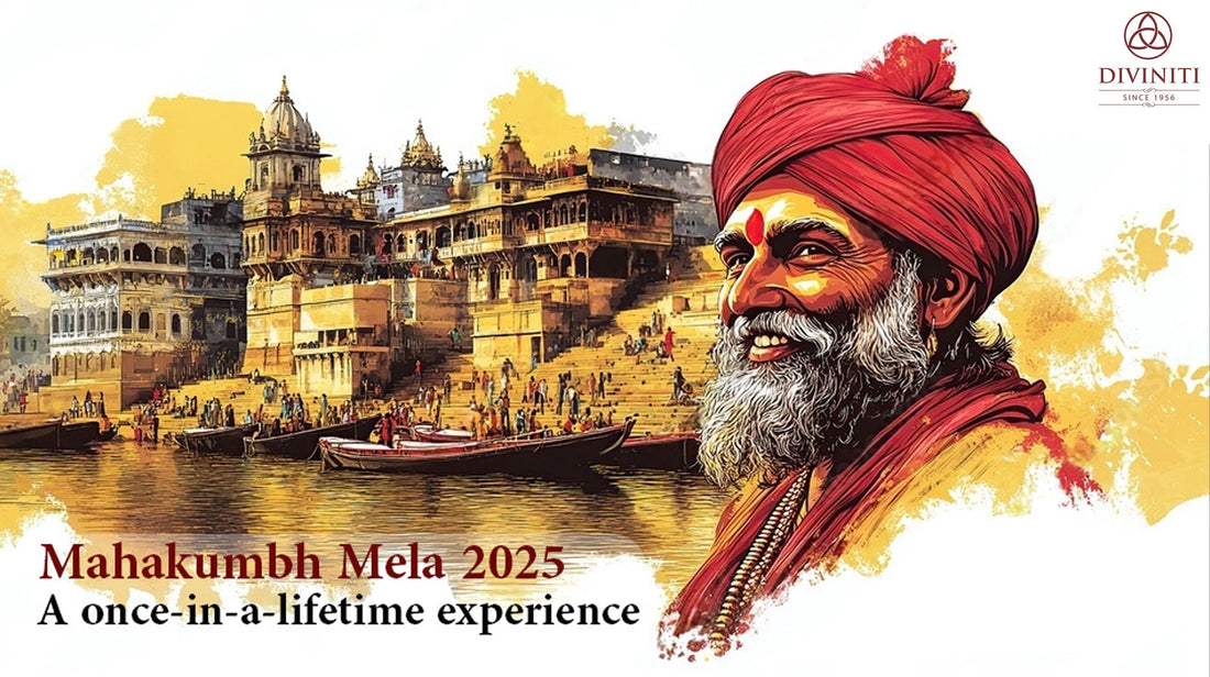 This Image shows a vibrant artistic depiction of Mahakumbh Mela 2025, featuring a bearded sadhu in a red turban, a historic riverside temple, boats on the river, and a bustling crowd at the ghats