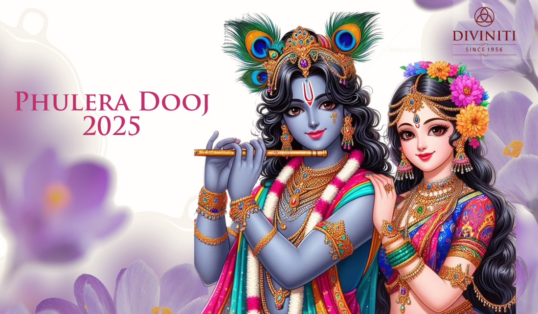 this image shows lord krishna and Radha image and a logo of diviniti and a text of phulera dooj 2025 