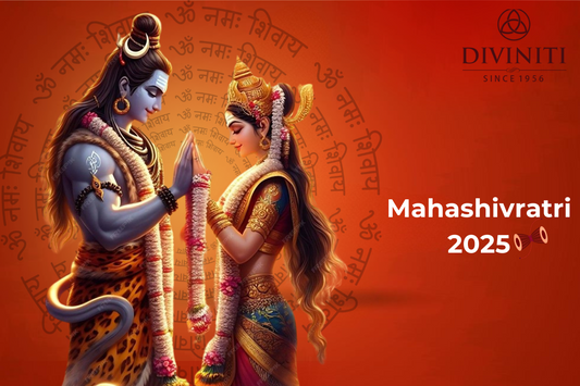 An image of Lord Shiva and Goddess Parvati in traditional attire, exchanging garlands with a backdrop of Sanskrit mantras. The image has an orange background with 'Mahashivratri 2025' 