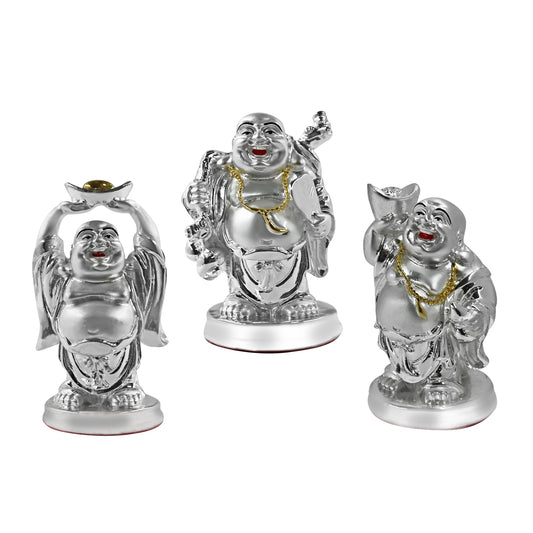 DIVINITI 999 Silver Plated Laughing Buddha Idols | Exquisite Divine Statues For Home Decor, Office Table Top & Gift (14x7CM)