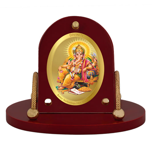 Diviniti 24K Gold Plated Ganesh Ji Frame for Car Dashboard, Home Decor, Table & Office (8 CM x 9 CM)