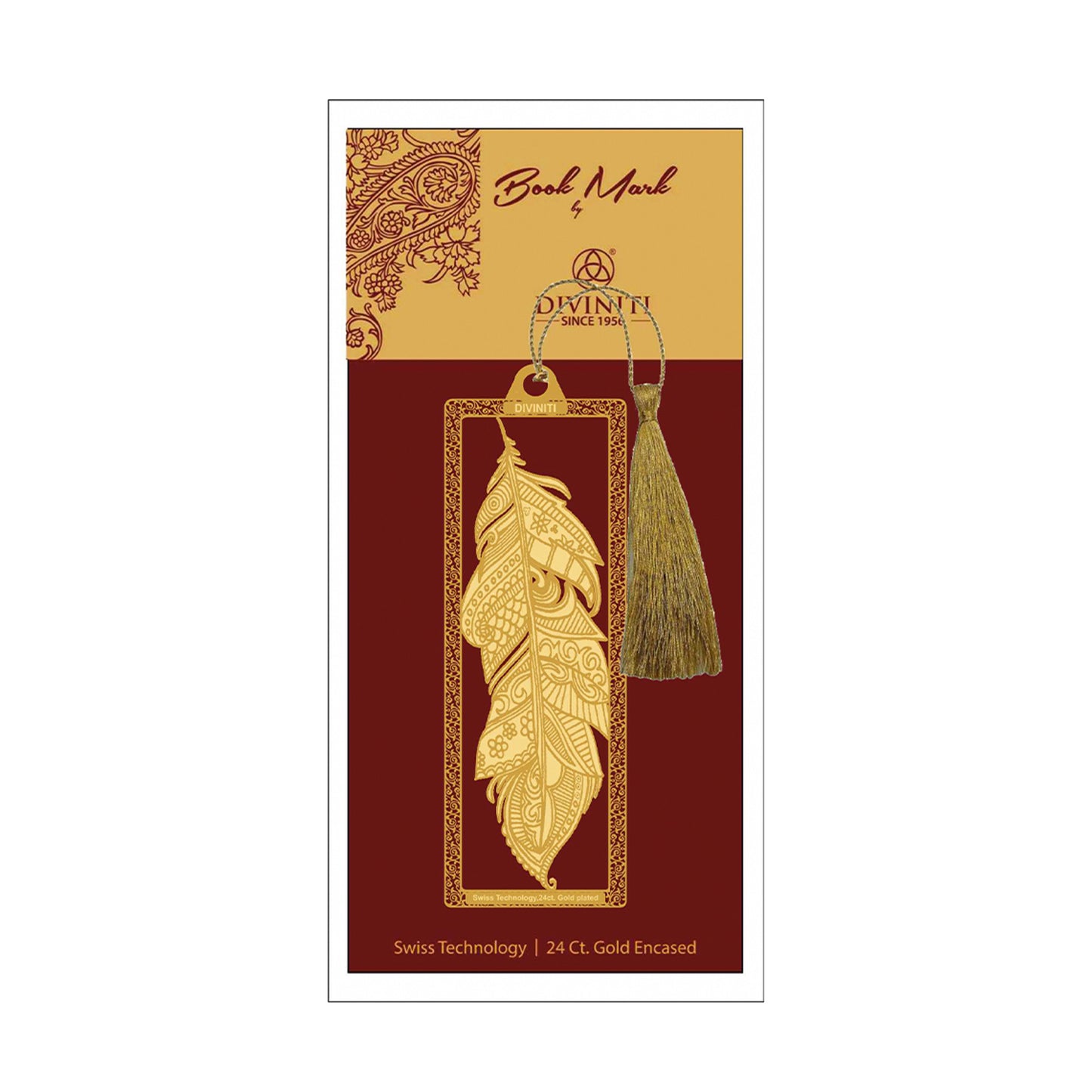 Diviniti 24K Gold Plated Bookmark with String | Design - Feather | Size -10cm x 4cm|Luxury Gifting