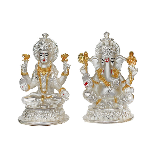 Diviniti 999 Silver Plated Lakshmi Ganesha Idol For Home Decor, Table Decor, Puja, Gift (10.5 x 5.5 CM)