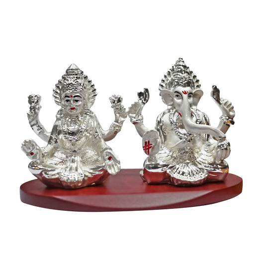 DIVINITI 999 Silver Plated Goddess Lakshmi and Lord Ganesha Statue Idol For Home & Office Decor, Car Dashboard, Puja Room, Gift (8x11.5 CM)