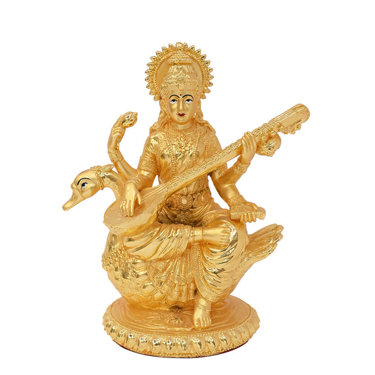 Diviniti 24K Gold Plated Goddess Saraswati Idol Statue Elegant Spiritual Symbol of Wisdom for Home & Office Décor Pooja Room Gift  (20.5x18 CM)