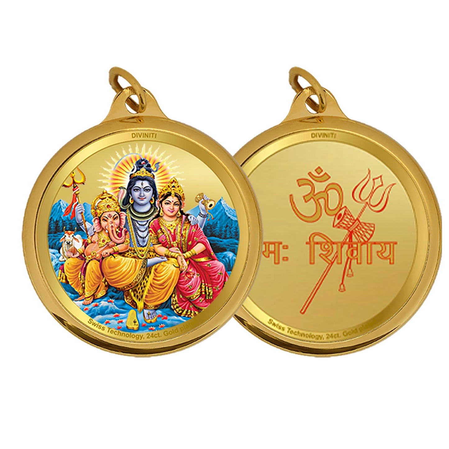 Diviniti 24K Gold Plated Shiv Parivar & Om 18MM Double Sided Pendant For Men, Women & Kids