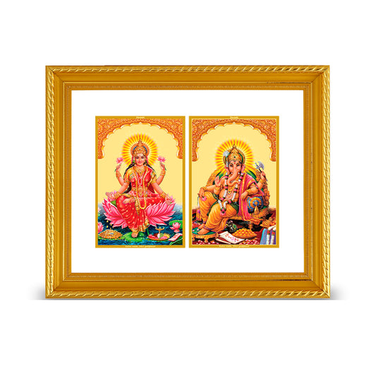 DIVINITI 24K Gold Plated Foil Lakshmi Ganesha Lakshmi Wooden Photo Frame Idol for Prayer, Home Decor, Wall Hanging, Premium Gift | DG101 Size 2 (18.4x22.6 CM)