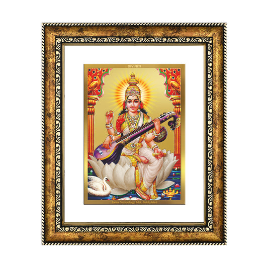 DIVINITI Saraswati Gold Plated Wall Photo Frame, Table Decor| DG Frame 113 Size 2.5 and 24K Gold Plated Foil (29 CM X 23.7 CM)