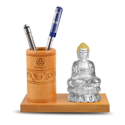 Customized Wooden Table Top With 999 Silver Plated Buddha Idol For Corporate Gifting