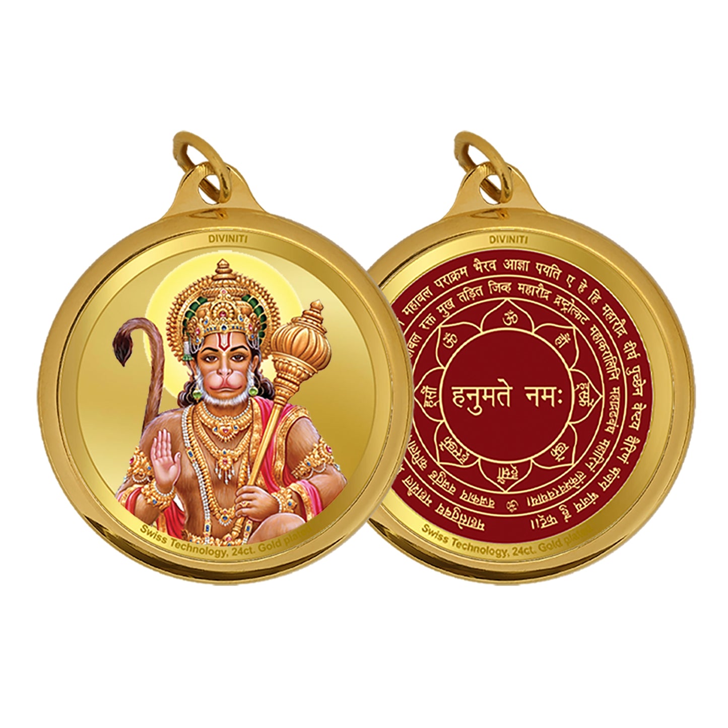 Diviniti 24K Gold Plated Hanuman & Yantra 18MM Double Sided Pendant For Men, Women & Kids