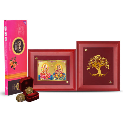 Diviniti Diwali Festival Combo Pack Of 24K Gold Plated Laxmi Ganesha and Tree of Life Photo Frame With 24K Gold Plated Laxmi Ganesha Coins & OMG Rose Incense Sticks For Deepawali Pooja