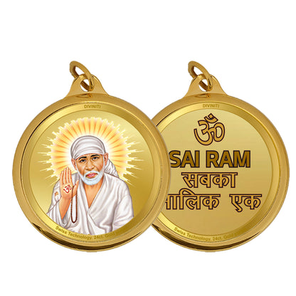 Diviniti 24K Gold Plated Sai Baba & Om 18MM Double Sided Pendant For Men, Women & Kids