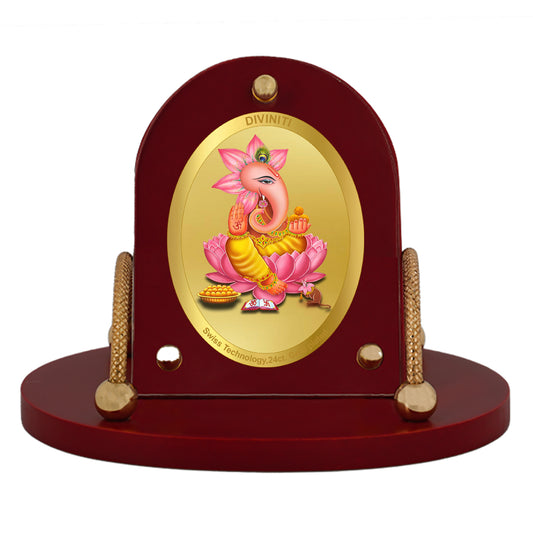 Diviniti 24K Gold Plated Foil Kamal Ganesha Frame for Car Dashboard, Home Decor, Table & Office (8 CM x 9 CM)