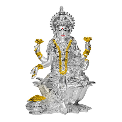 DIVINITI 999 Silver Plated Goddess Lakshmi Mata Idol Statue For Home Decor Showpiece, Table Top, Workshop, Office Desk (17x12 CM)