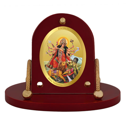 Diviniti 24K Gold Plated Durga Mata Frame for Car Dashboard, Home Decor, Table & Office (8 CM x 9 CM)