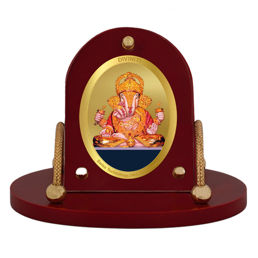 Diviniti 24K Gold Plated Foil Dagdu Ganesh Frame for Car Dashboard, Home Decor, Table & Office (8 CM x 9 CM)