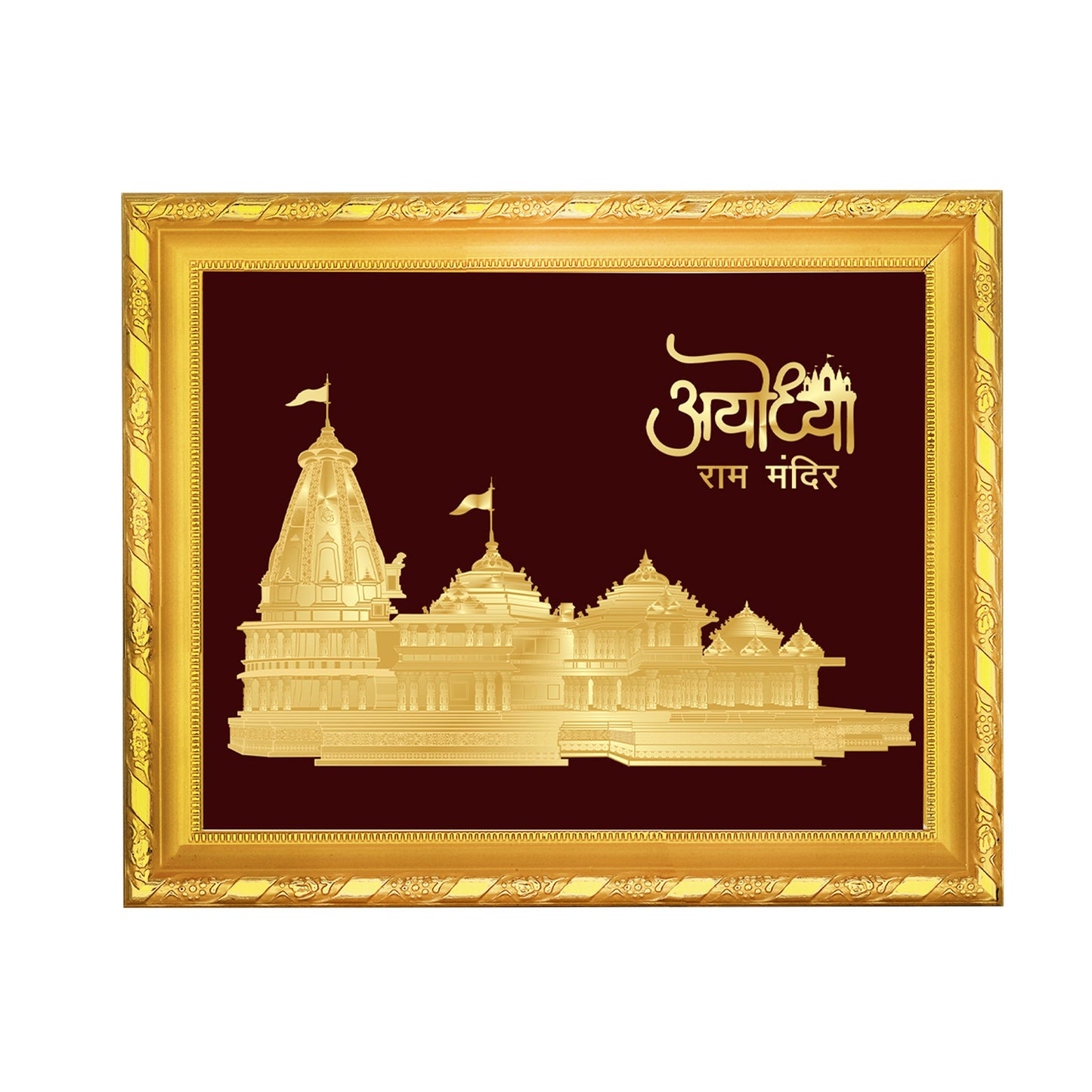 DIVINITI 24K Gold Plated Foil Shri Ram Mandir Wooden Photo Frame Idol for Home Decor, Puja Room, Table Top, Wall Hanging, Workshop, Gift | DG103 Size 2 (22.6x18.4 CM)