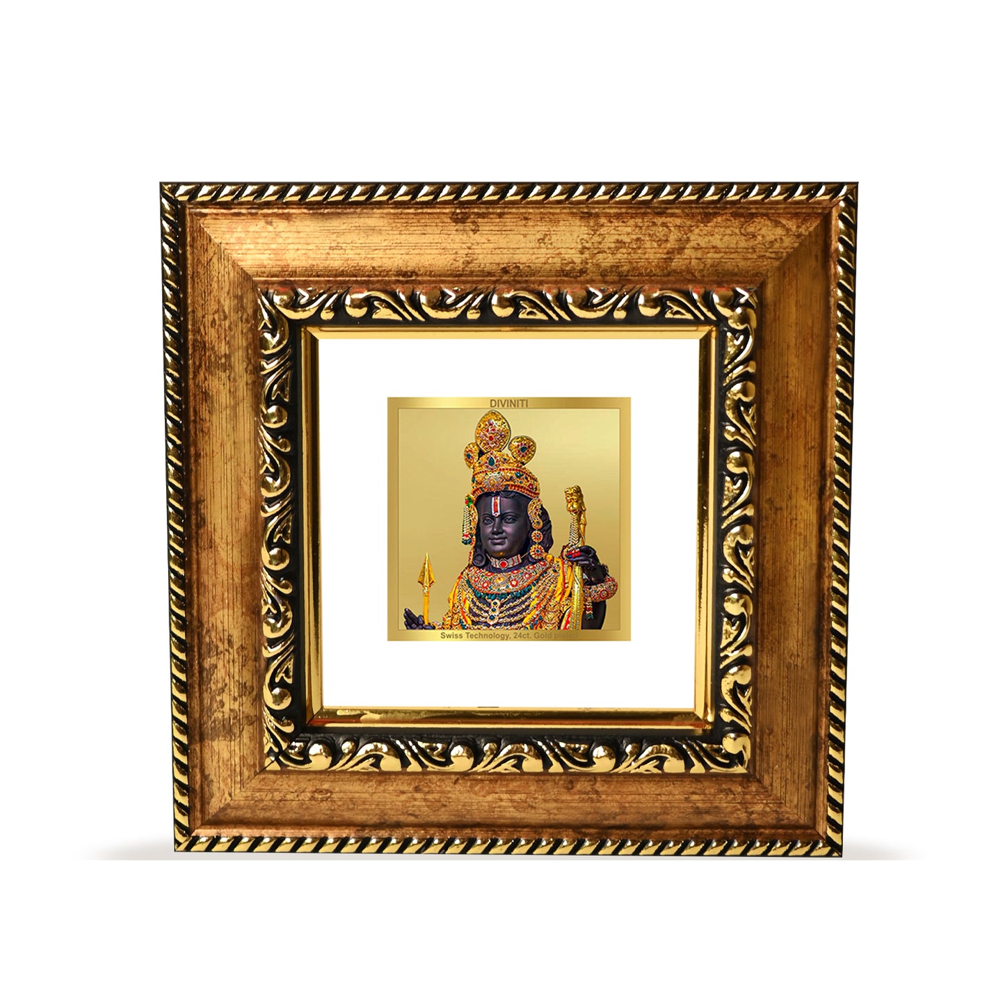 DIVINITI 24K Gold Plated Lord Ram Lalla Wooden Photo Frame Idol for Puja Room, Wall Hanging, Table Top, Home Decor, Workshop, Gifts | DG113S1A (10x10 CM)