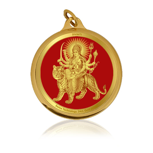 DIVINITI 24K Gold Plated Durga & Mata Ka Darbar 22MM Double Sided Pendant For Men, Women & Kids