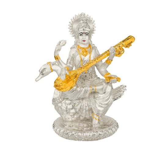 DIVINITI 999 Silver Plated Goddess Saraswati Mata Idol Statue For Home Decor, Office Table Top, Pooja Room & Gift (18X21CM)