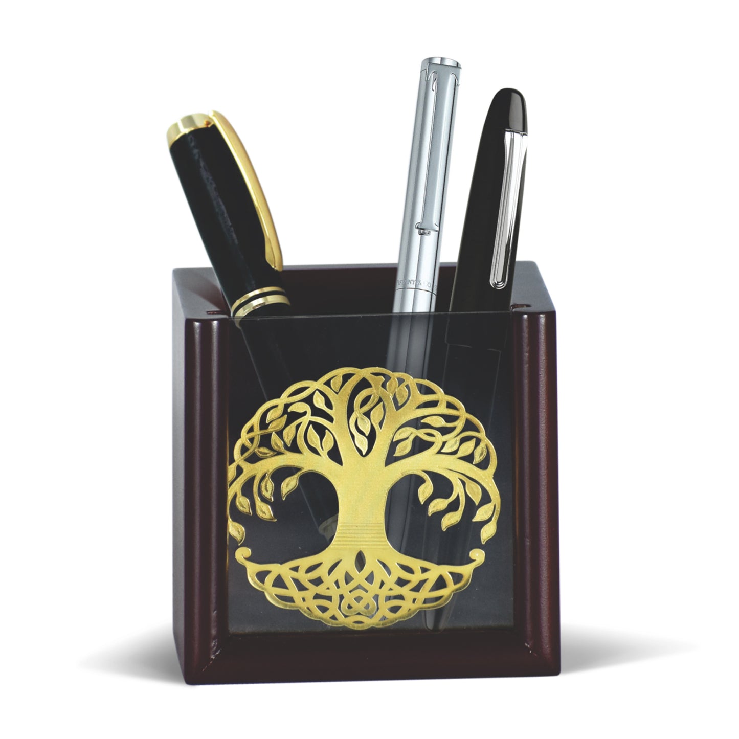 Customized MDF Pen Holder with 24K Gold Plated Designer Tree Frame For Corporate Gifting (8.2x8.2x9.5 cm)