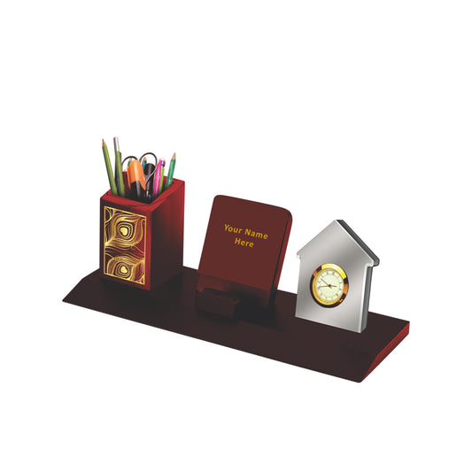 Diviniti Customized Pen Holder with 24K Gold Plated Feather & Round Watch For University