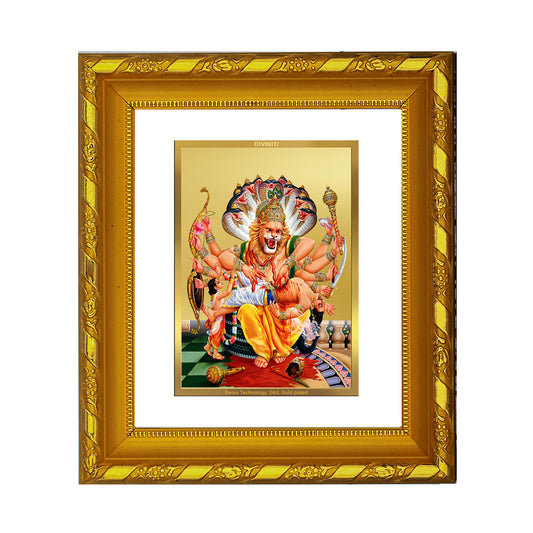 DIVINITI 24K Gold Plated Foil Narsimha Wall Photo Frame for Home Decor, TableTop, Puja DG 103 Size 1 (15.3x14.9 CM)