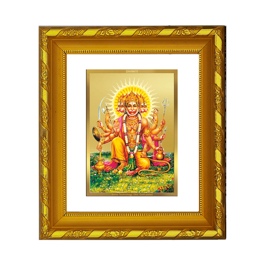 DIVINITI 24K Gold Plated Foil Lord Panchmukhi Hanuman Photo Frame for Living Room, Wall Decor DG 103 Size 1 (15.3x14.9 CM)