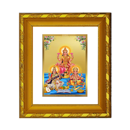 DIVINITI 24K Gold Plated Foil Lakshmi Ganesha Saraswati Photo Frame for Home Wall Decor, Puja DG 103 Size 1 (15.3x14.9 CM)