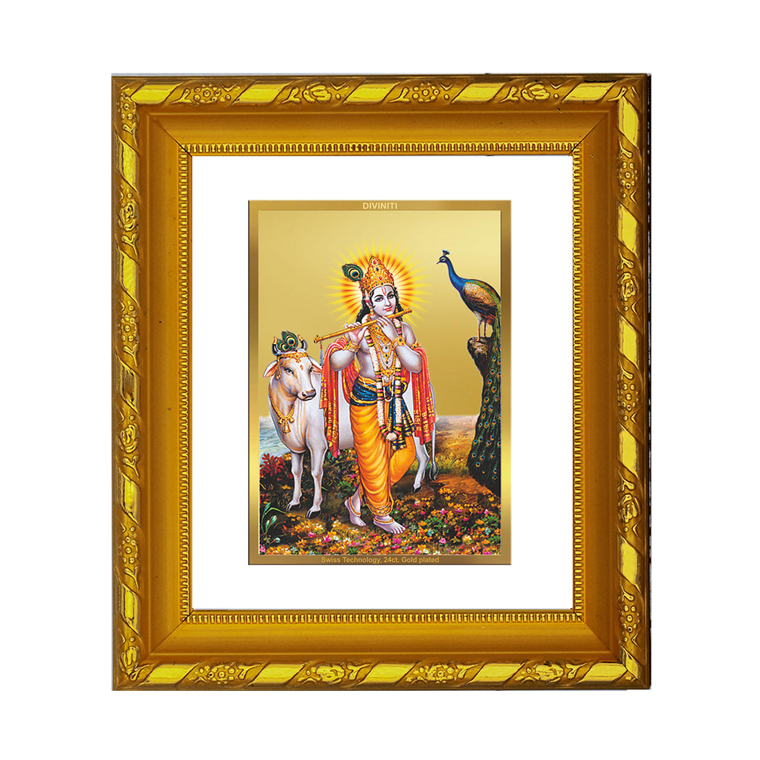 DIVINITI 24K Gold Plated Foil Lord Krishna Wall Photo Frame for Home Decor, Festival Gift DG 103 Size 1 (15.3x14.9 CM)