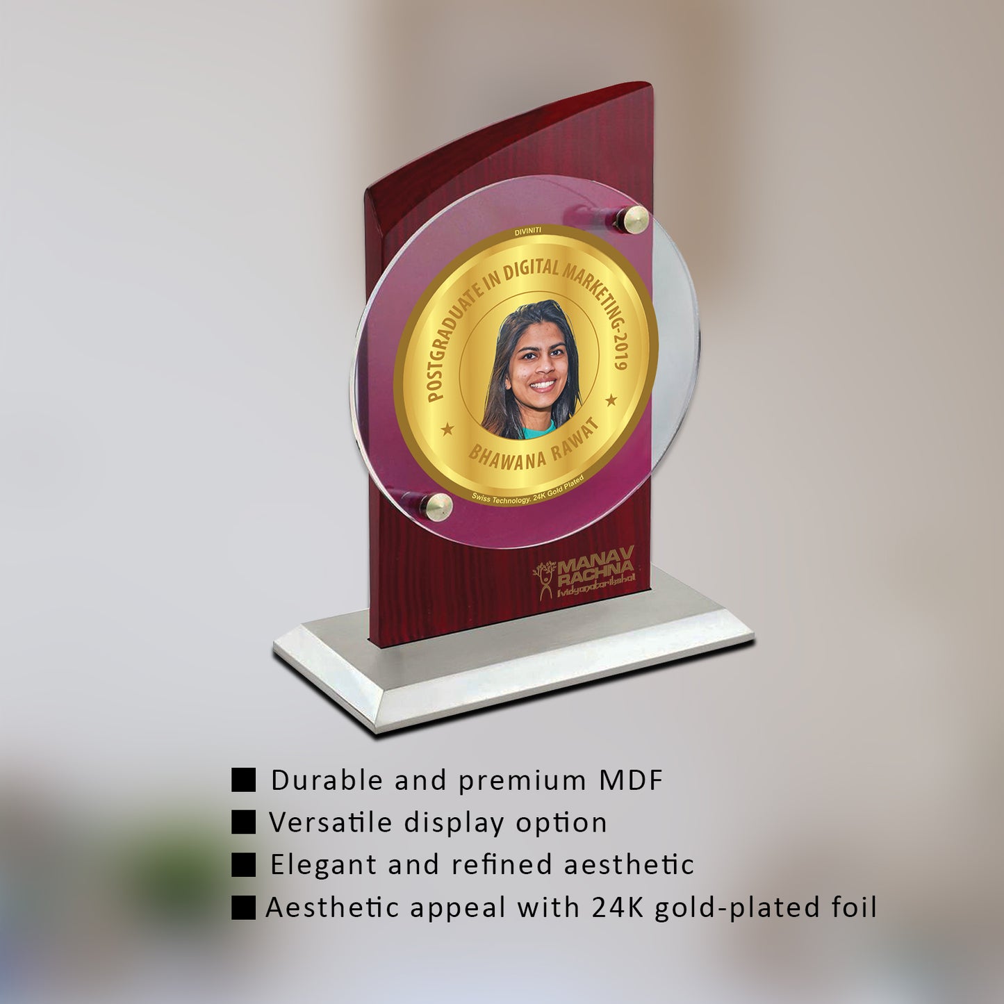 Customized MDF Trophy with Matter Printed On 24K Gold Plated Foil For Corporate Gifting