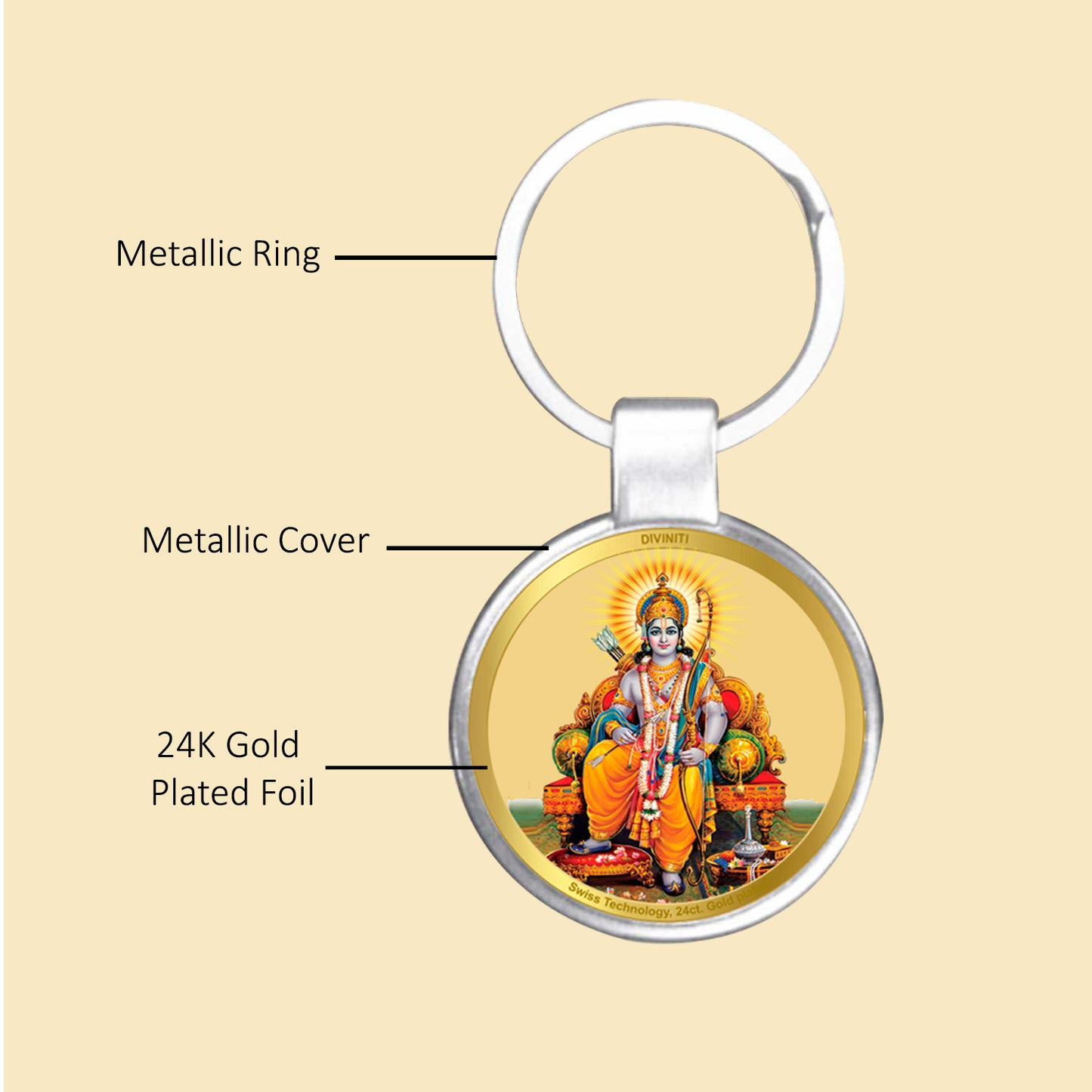 Diviniti 24K Gold Plated Ram Ji Key Chain with Metallic Ring (7.5 CM X 4.0 CM)