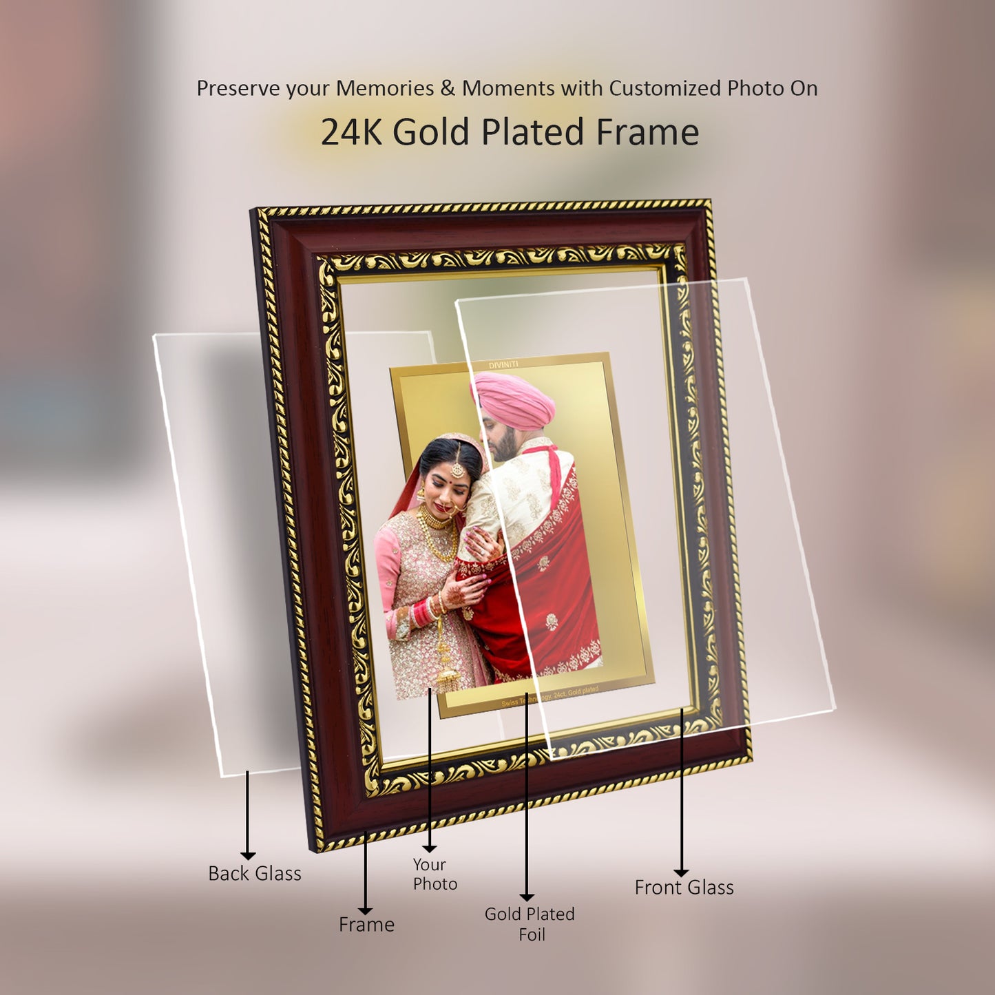 Diviniti 24K Gold Plated Customized Printed Photo Frame With Personalized Gift for Birthday, Marriage Anniversary & Celebration and Loved Ones DG105S3 (27.6X35.4 CM)