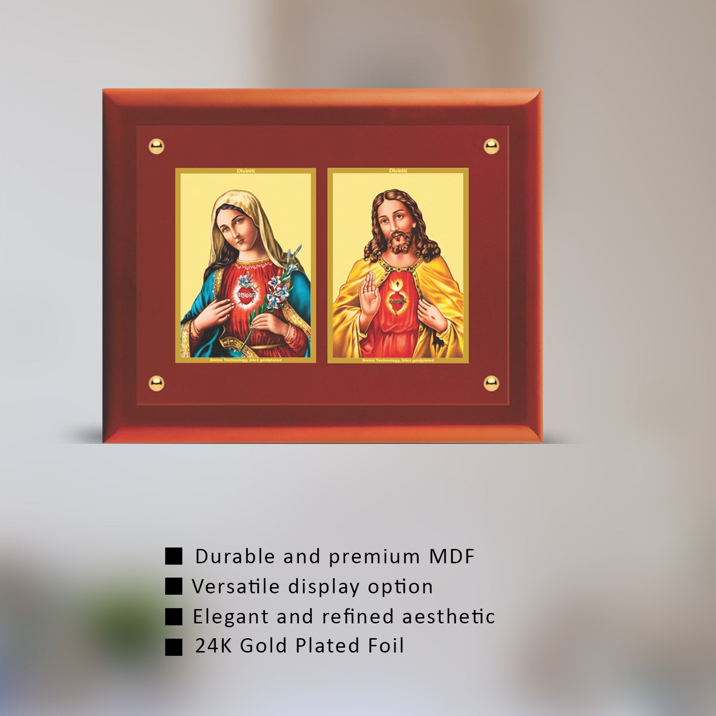 Diviniti 24K Gold Plated Foil Jesus & Mother Mary Wooden Photo Frame for Home Decor, Puja Room, Wall Hanging, Tabletop, Workshop, Gift MDFS3 (30.2x22.7)