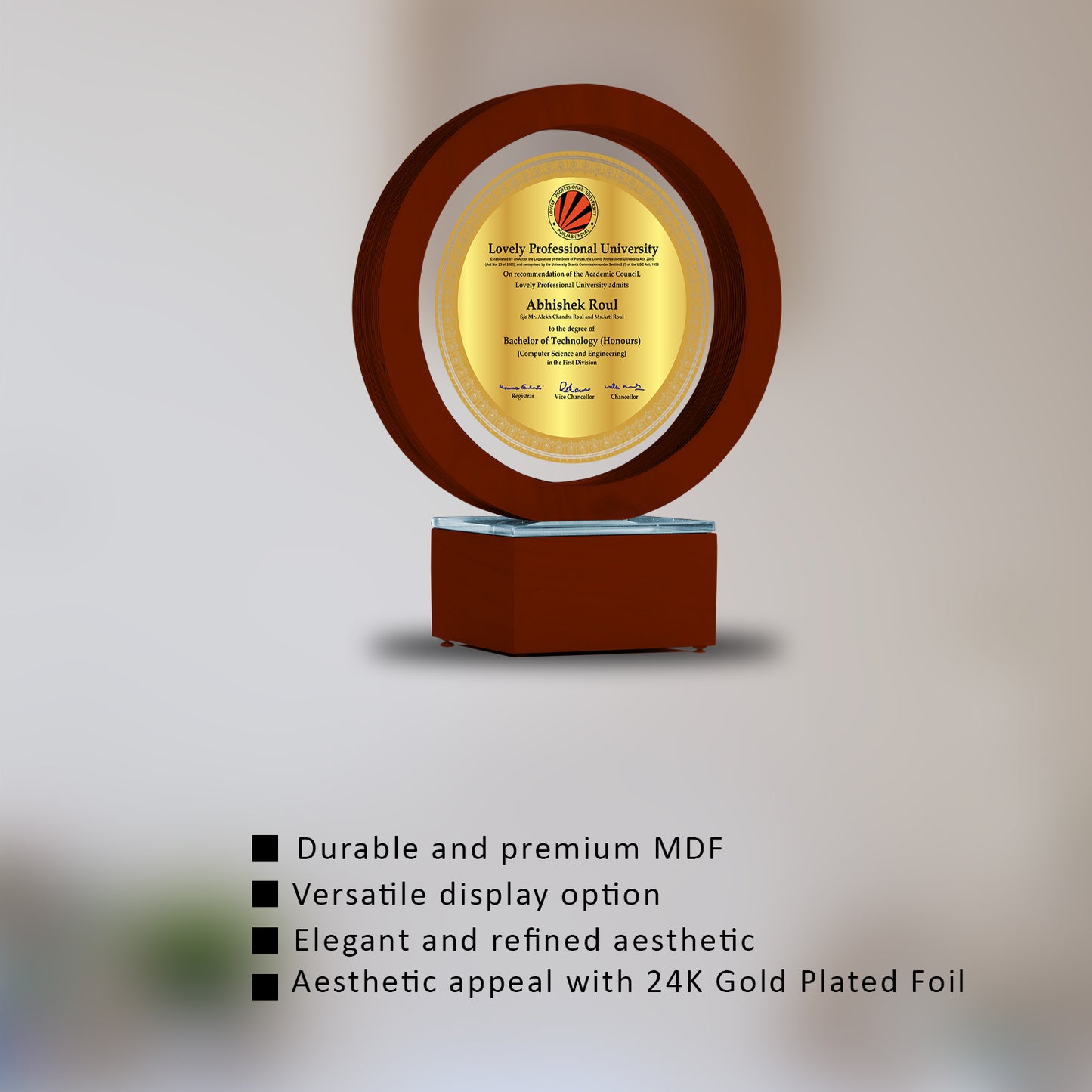 Customized MDF Trophy with Matter Printed On 24K Gold Plated Foil For Corporate Gifting