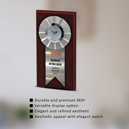 Customized MDF Base Metal Trophy With Watch & Matter Printed For Corporate Gifting