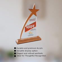 Load image into Gallery viewer, Customized Wooden Base Acrylic Trophy with Matter Printed For Corporate Gifting
