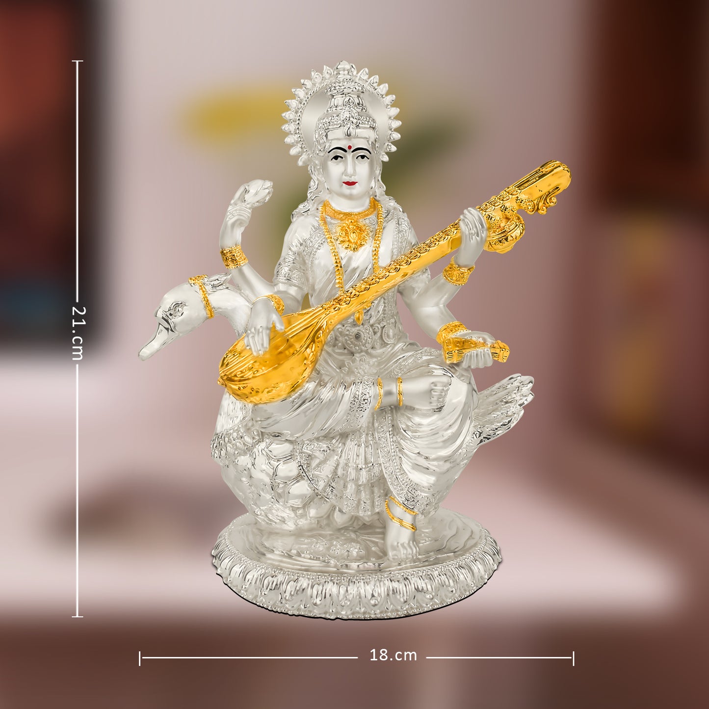 DIVINITI 999 Silver Plated Goddess Saraswati Mata Idol Statue For Home Decor, Office Table Top, Pooja Room & Gift (18X21CM)