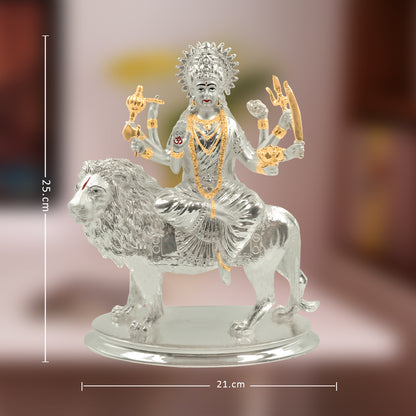 DIVINITI Elegant 999 Silver Plated Goddess Durga Idol Statue For Spiritual, Inspire Strength Idol For Home and Office Decor, Tabletop, Workshop, Mandir (25x21 CM)