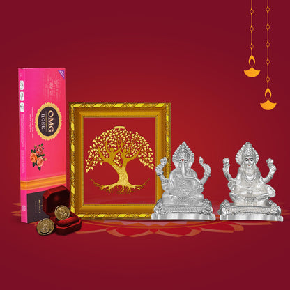 Diviniti Diwali Combo Pack of 24K Gold Plated Life of Tree Photo Frame and 999 Silver Plated Laxmi Ganesha Idol With 24K Gold Plated Laxmi Ganesha Coins & OMG Rose Incense Sticks For Deepawali Pooja