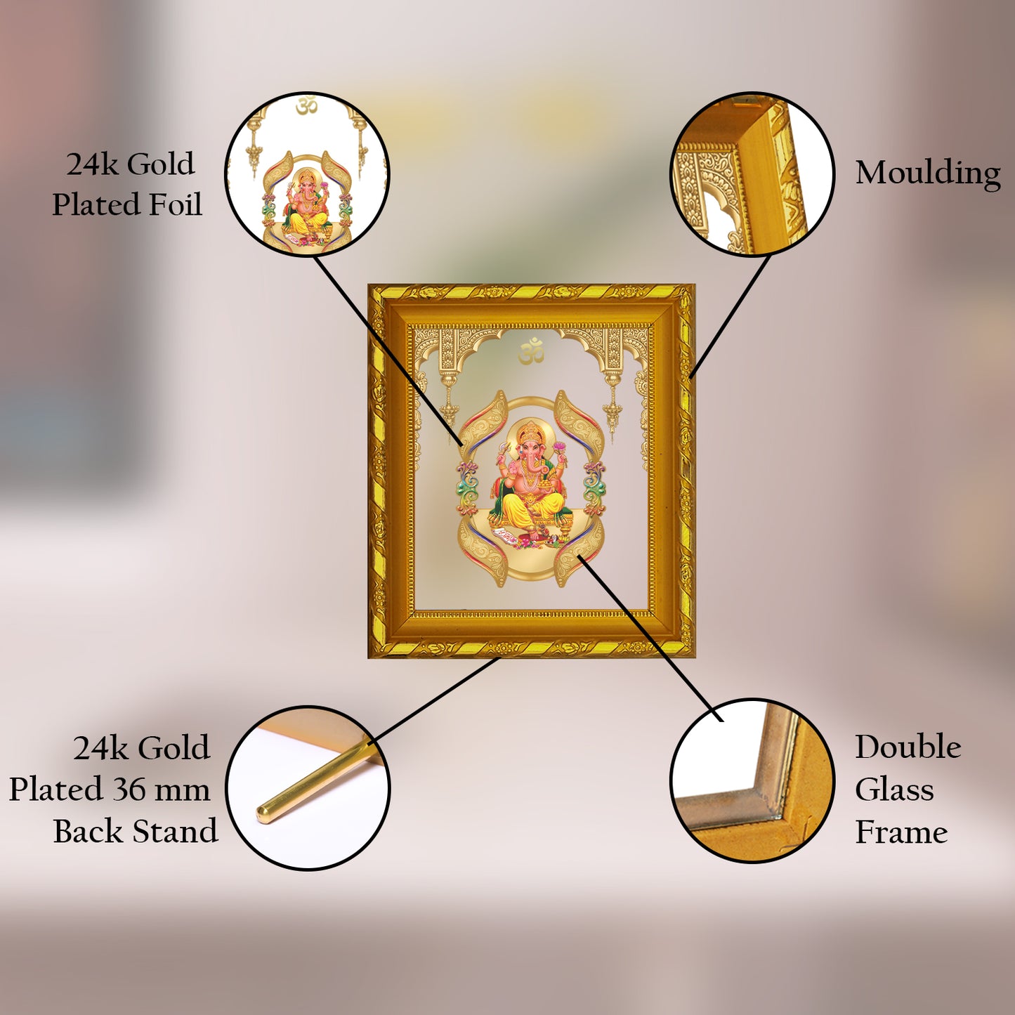 DIVINITI 24K Gold Plated Foil Ganesha Photo Frame for Home & Office Decor and Tabletop DG 103 Size 1 (15.3x14.9 CM)