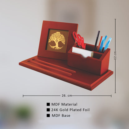 Customized MDF Pen Holder with 24K Gold Plated Tree of Life Frame For Corporate Gifting (12 x 26 CM)