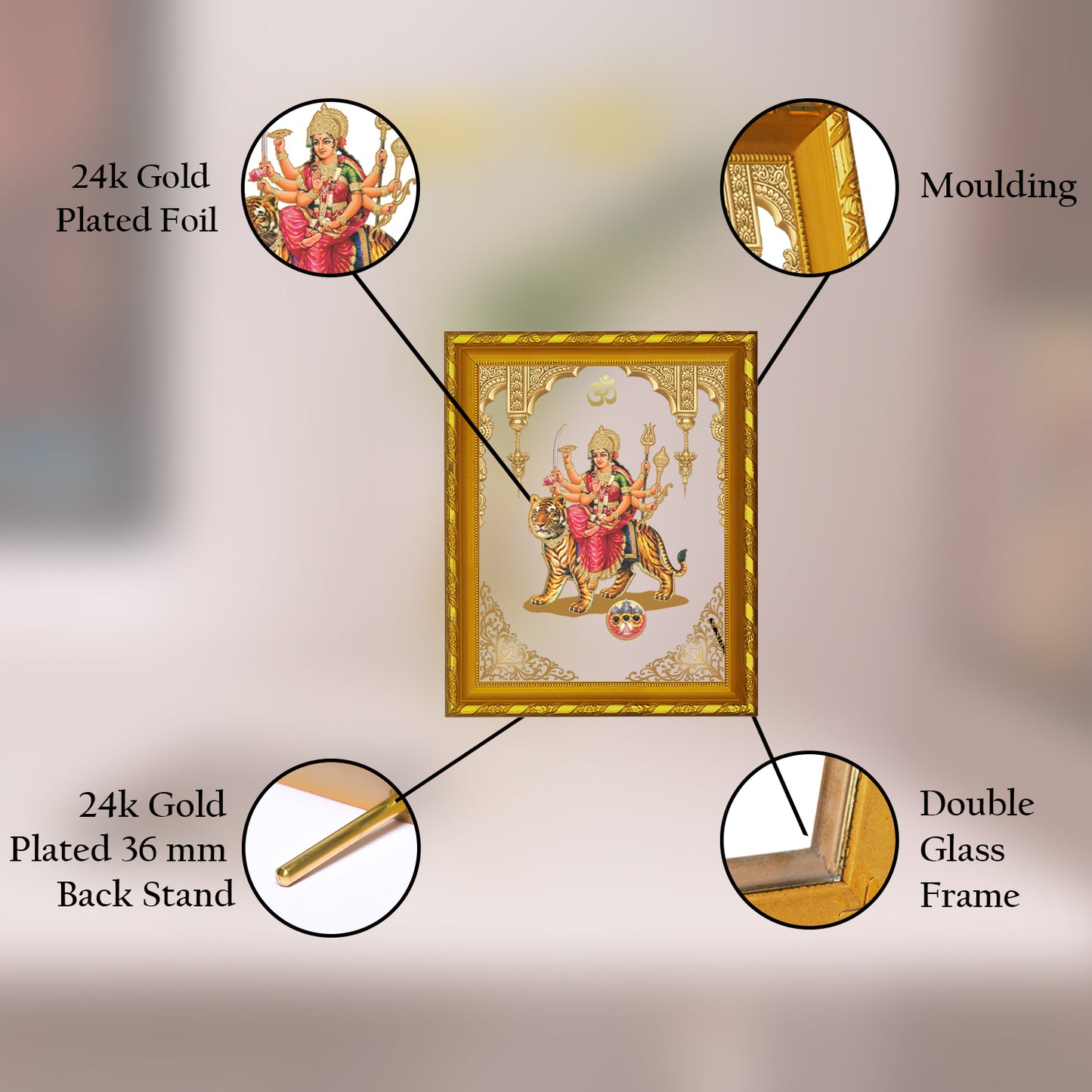 DIVINITI 24K Gold Plated Durga Wooden Traditional Photo Frame for Home Wall Decor, Workshop, Table Top, Premium Gift | DG103 Size 2 (22.6x18.4 CM)