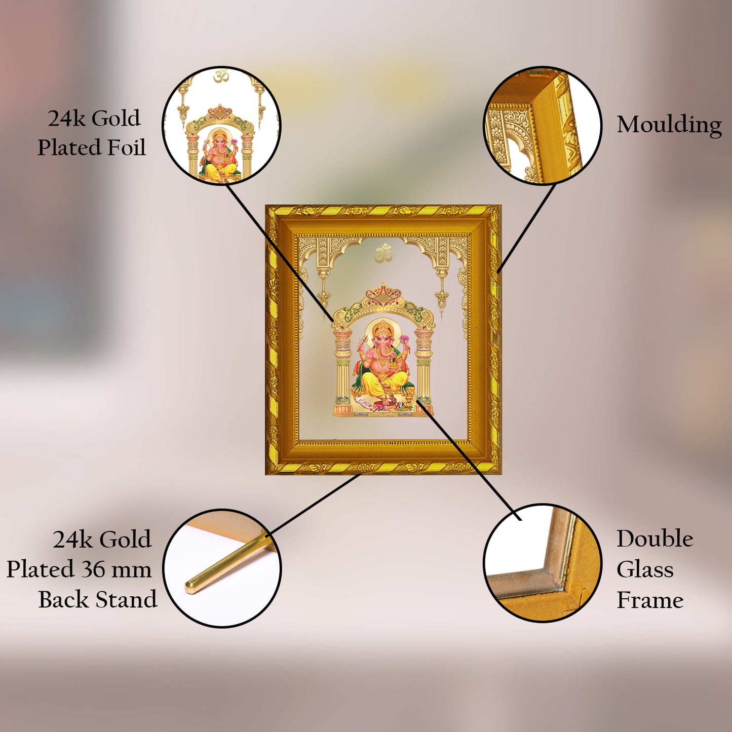 DIVINITI 24K Gold Plated Foil Ganesha Photo Frame for Home & Office Decor and Tabletop DG 103 Size 1 (15.3x14.9 CM)