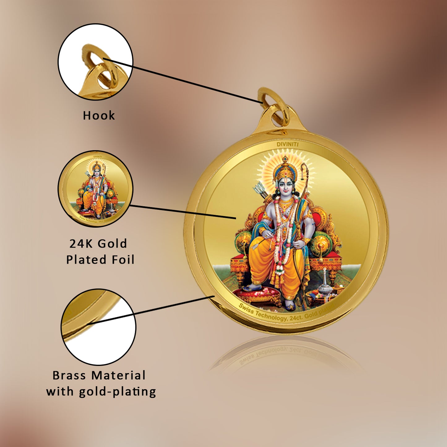 Diviniti 24K Gold Plated Lord RAM & JAI SHRI RAM 18MM Double Sided Pendant For Men, Women & Kids