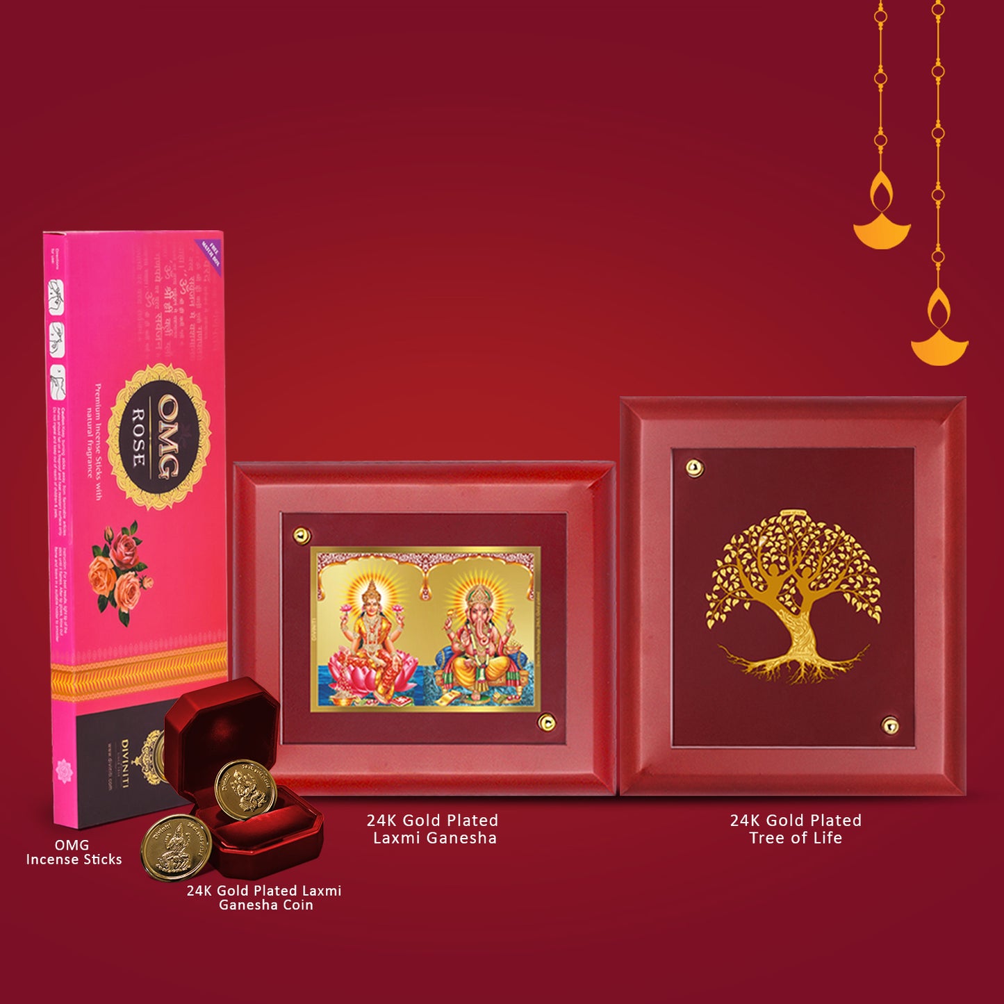 Diviniti Diwali Festival Combo Pack Of 24K Gold Plated Laxmi Ganesha and Tree of Life Photo Frame With 24K Gold Plated Laxmi Ganesha Coins & OMG Rose Incense Sticks For Deepawali Pooja