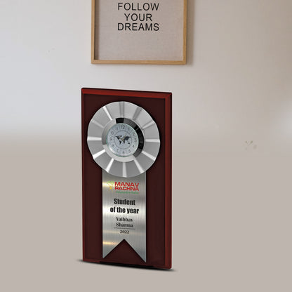 Customized MDF Base Metal Trophy With Watch & Matter Printed For Corporate Gifting