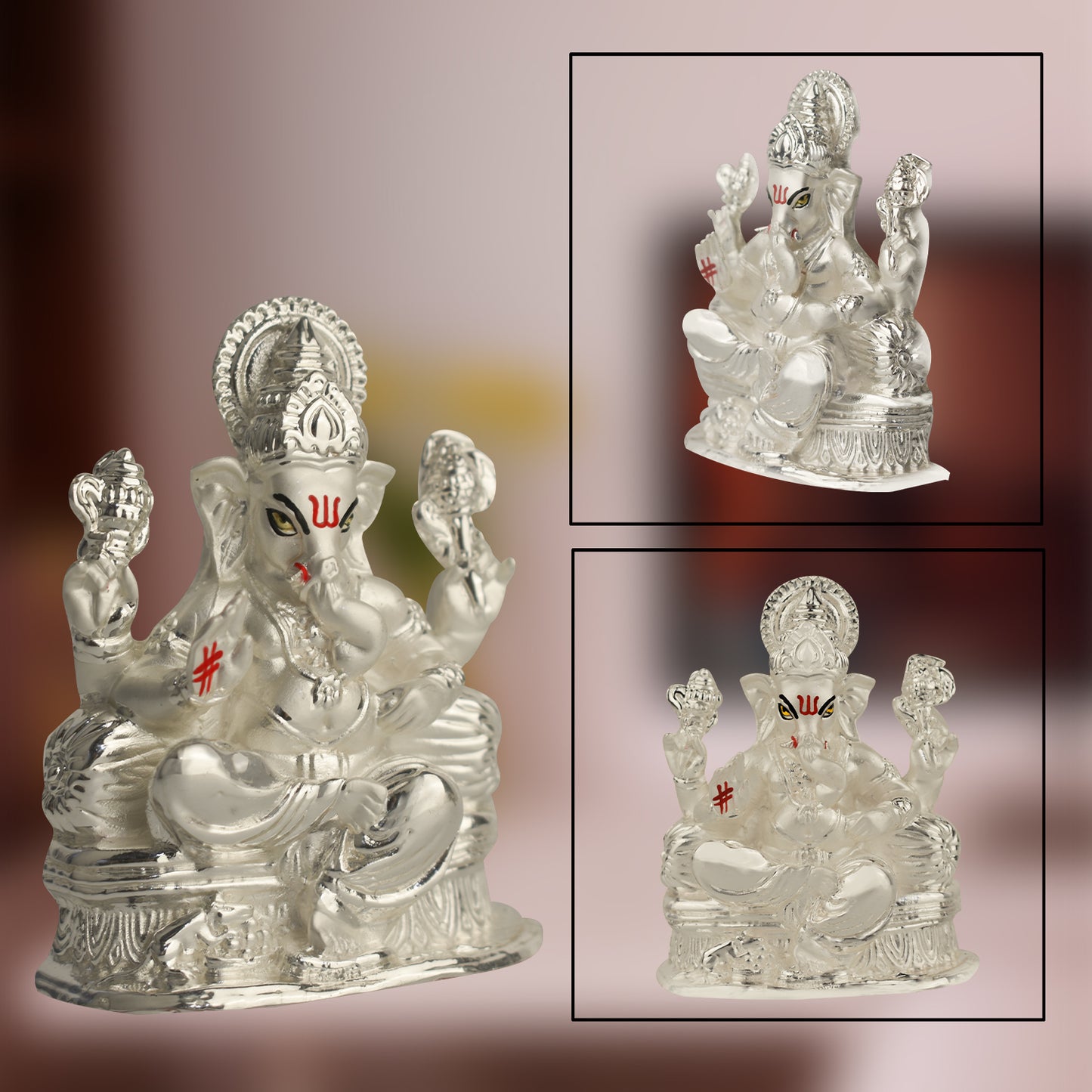 DIVINITI Exquisite 999 Silver Plated Lord Ganesha Statue For Devotional Worship, Blessings of Success and Happiness Idol For Showpiece (8x7 CM)