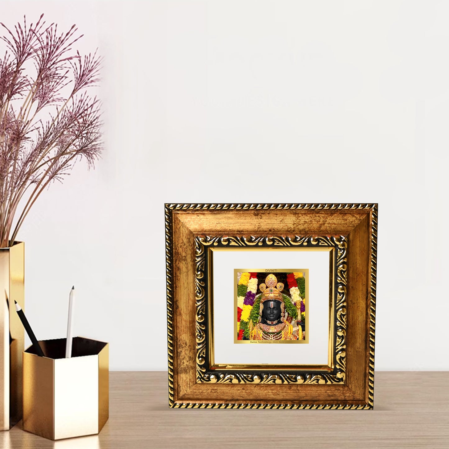 DIVINITI 24K Gold Plated Lord Ram Lalla Wooden Photo Frame Idol for Puja Room, Wall Hanging, Table Top, Home Decor, Workshop, Gifts | DG113S1A (10x10 CM)